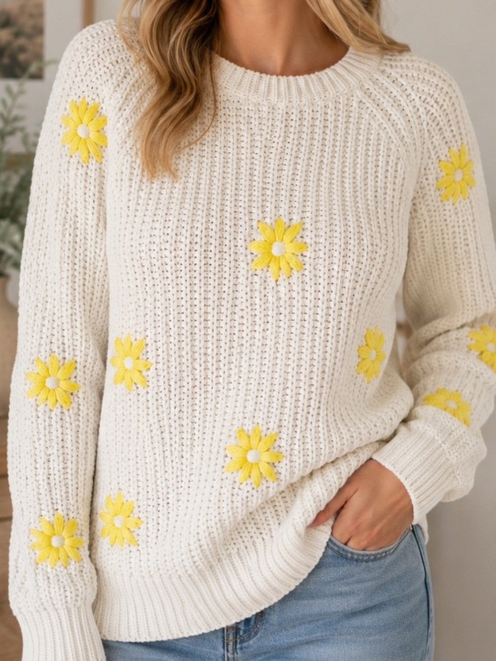 Chunky Knit Cotton Hendrix Style NWOT Large White Gerber Daisy Sweater Preppy